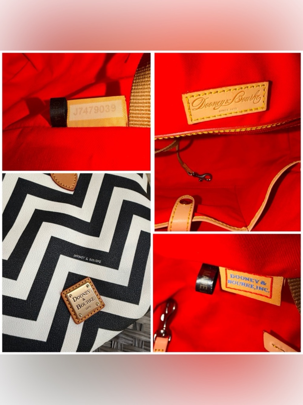 Dooney & Bourke Black & White Chevron Top Handle Satchel - Tan Leather Trim - Picture 9 of 14